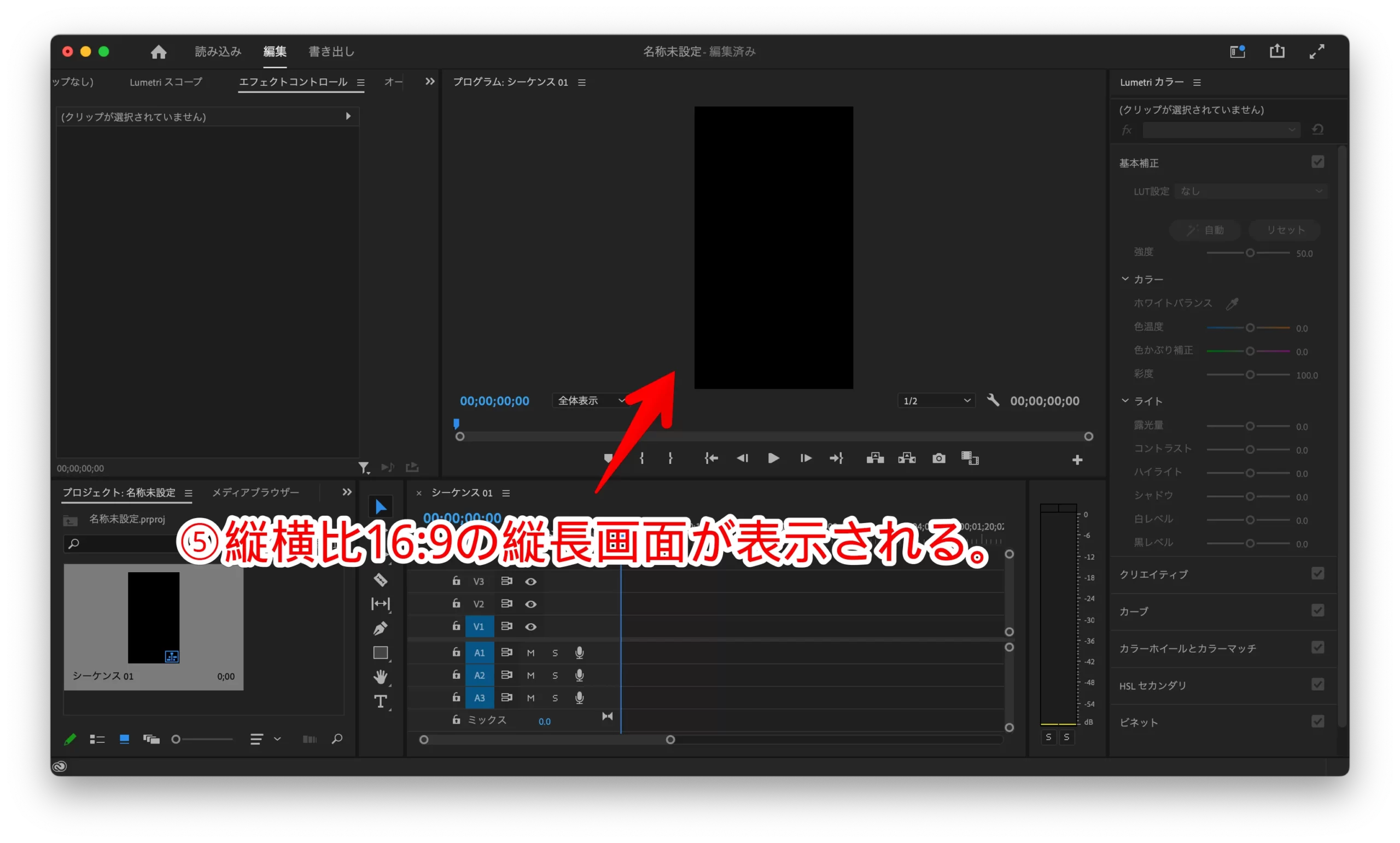 手順⑤ Premiere Proでアスペクト比（縦横比）を16:9に調整（M1・M2 Mac版）