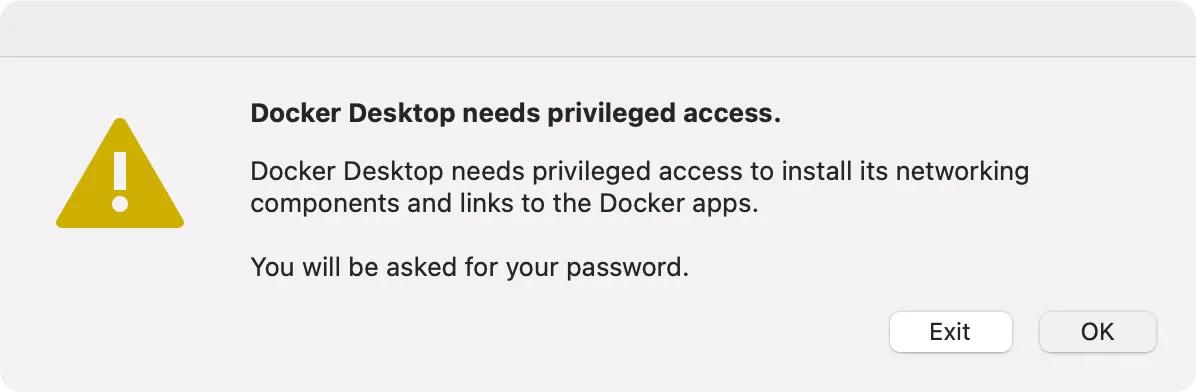 問題：Docker Desktop for Macは一回起動させて管理者権限に承諾しないとDockerコマンドが通らない