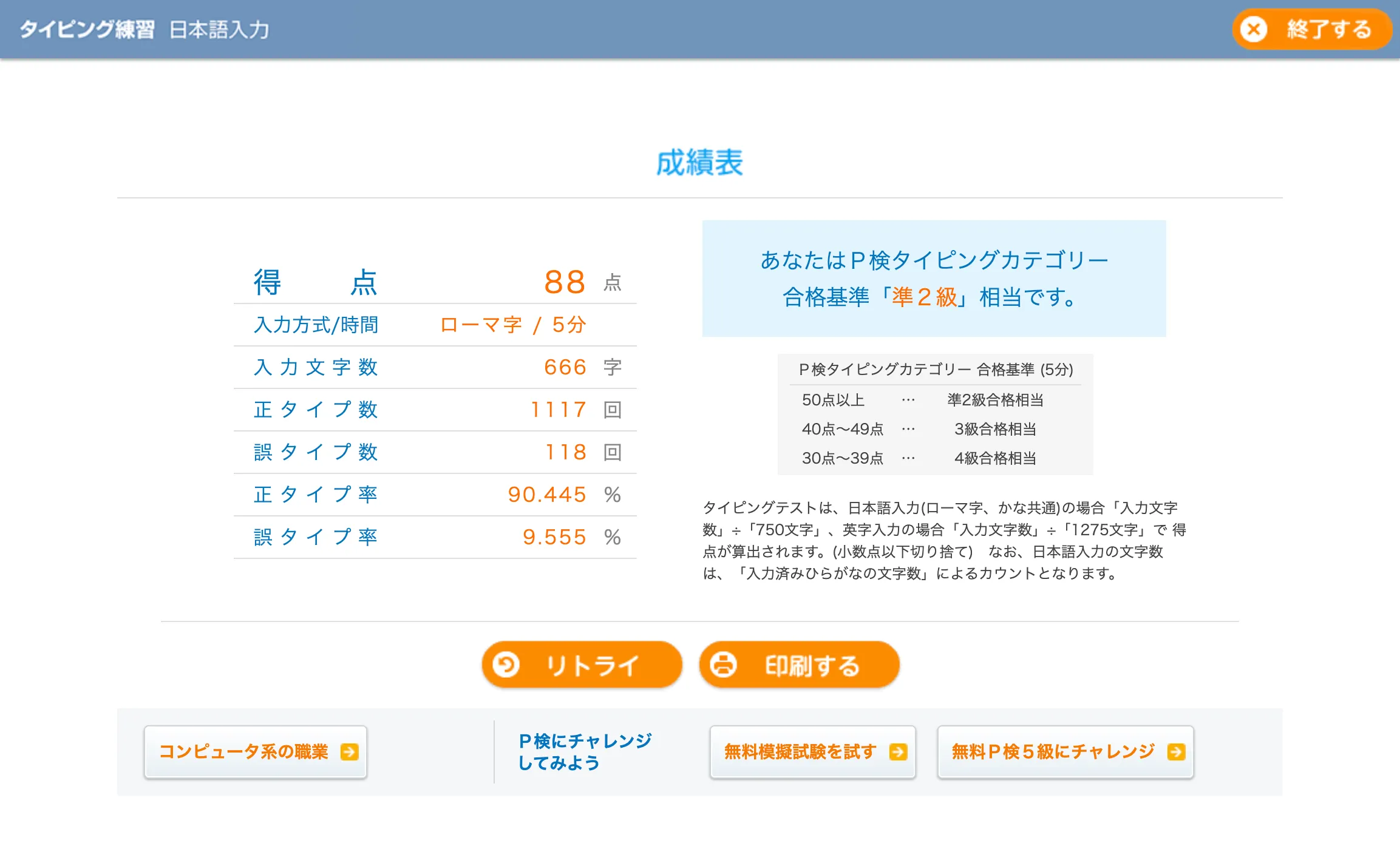 P検タイピング練習で50点以上なら準2級合格