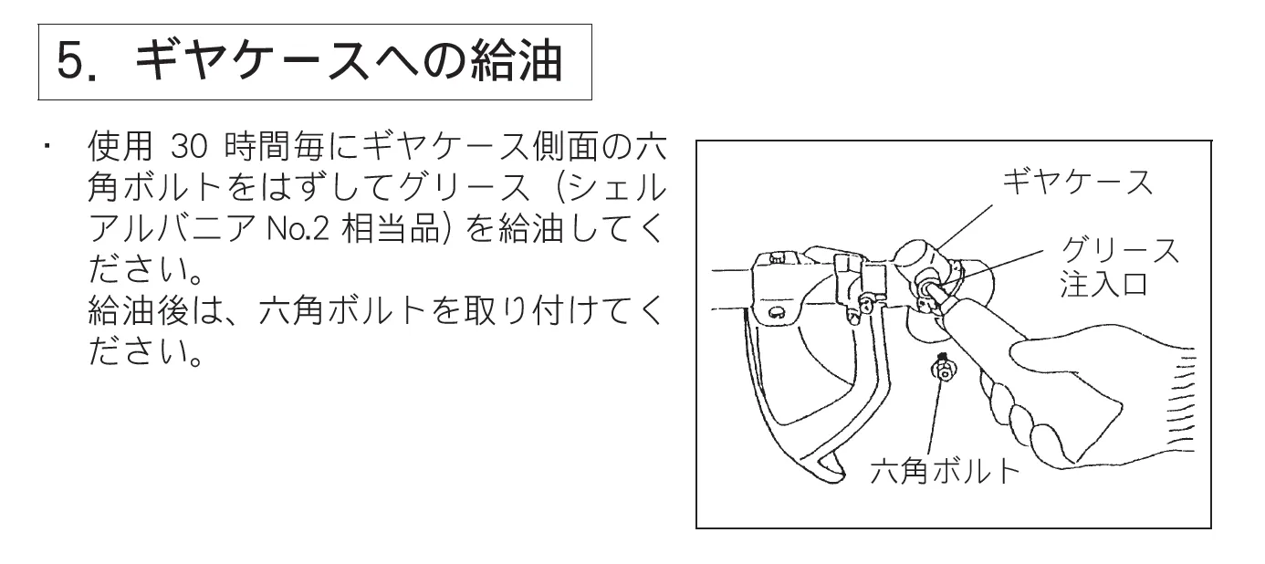 Makita 4ストロークエンジン 25.4mL MEM2651UHT 取扱説明書「5. ギアケースへの給油」