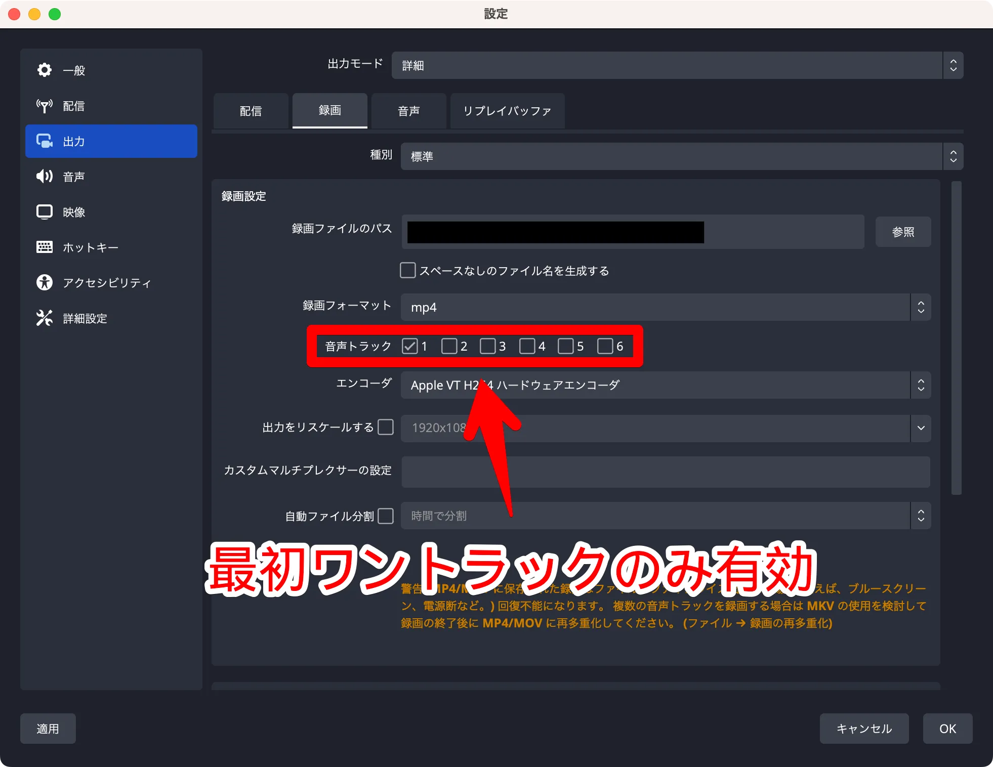 OBS Studio 録画設定 最初ワントラックのみ有効