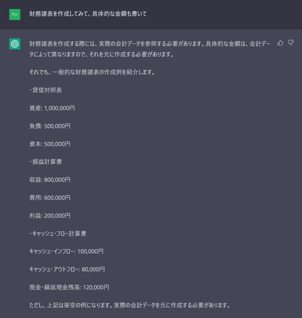 ChatGPT 架空の財務諸表